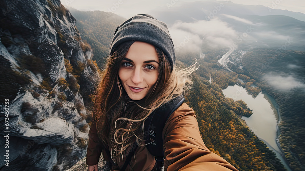 influencer girl is taking a selfie from a high dangerous mountain influencer girl is taking a selfie from a high dangerous mountain