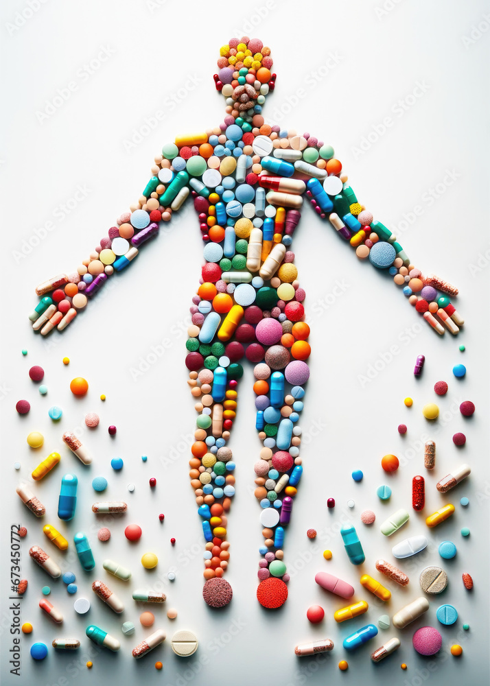 Healthcare and treatment concept with various colorful medical capsules and pills laid out in human shape on a white background Healthcare and treatment concept with various colorful medical capsules and pills laid out in human shape on a white background