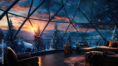 Winter holiday in a luxury modern glass igloo hotel with beautiful view on mountains, forest and night sky photo