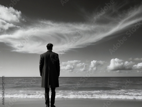 man standing on a beach hands in pockets of long coat looking at moody sky and sea horizon black and white photo