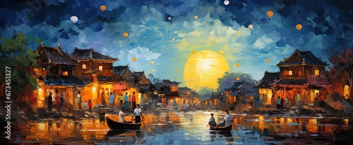 painting style illustration of Vietnam old town  beautiful full moon night shine over riverside town  Generative Ai