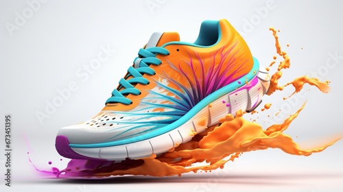 A vibrant, flying women's sneaker in a burst of colors, elegantly captured against a clean, white background. This fashionable sports shoe exudes style and energy.