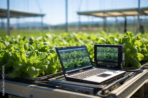 A laptop computer sitting on top of a table in a greenhouse with lettuce and vegetables. Electronic automated growing. photo