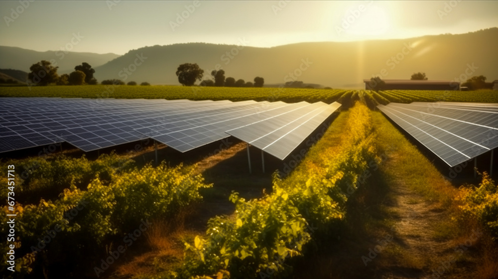 Farmland with solar panels that are intelligently integrated to provide both renewable energy generation and shade for crops.