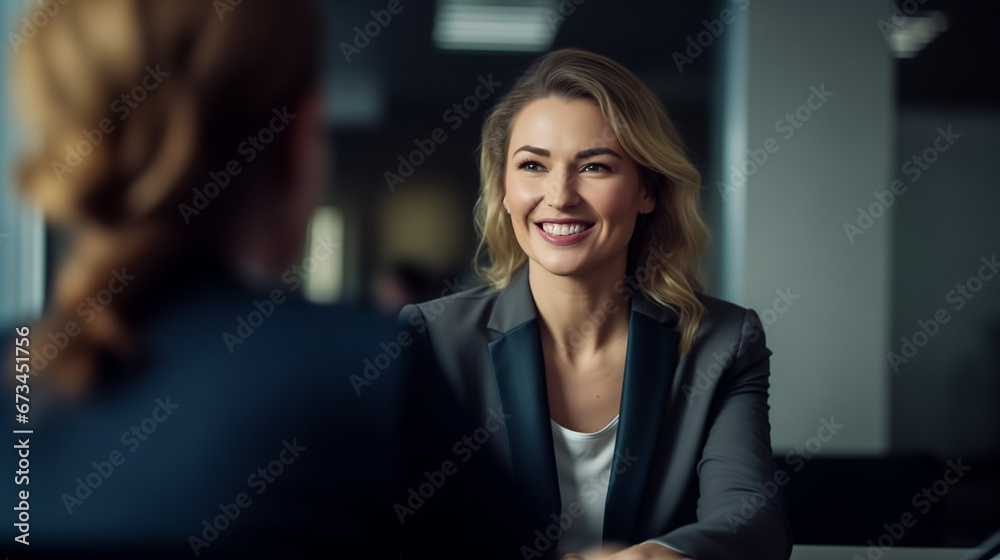 Happy middle-aged business woman, manager, office meeting. Smiling female HR hiring recruit at job interview, bank or insurance agent, lawyer making contract deal with client at work. Female therapist