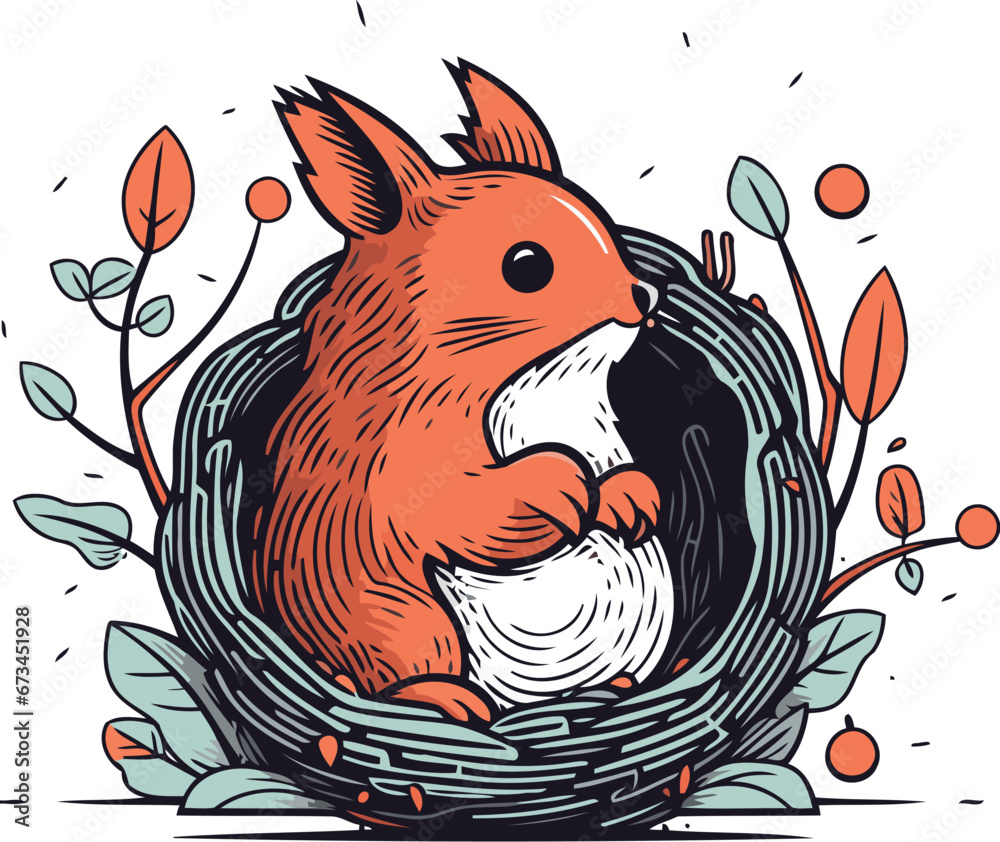 Fototapeta premium Cute squirrel sitting in the nest. Hand drawn vector illustration.