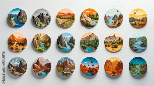 set of round icons with various landscapes photo