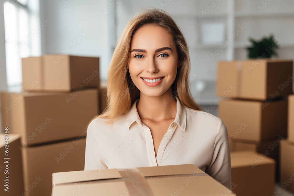 woman in an empty apartment and cardboard boxes, moving concept, buying and renting a home, loan woman in an empty apartment and cardboard boxes, moving concept, buying and renting a home, loan