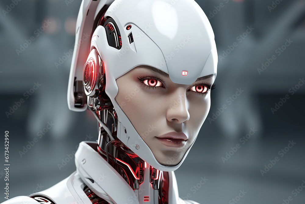Beautiful woman Robot in white red colors, glass eyes, futuristic, looking to camera