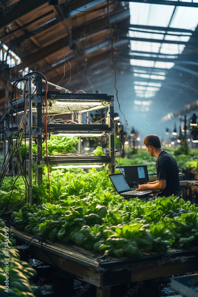 Men worker using computer in a greenhouse with lettuce and vegetables. Electronic automated growing.