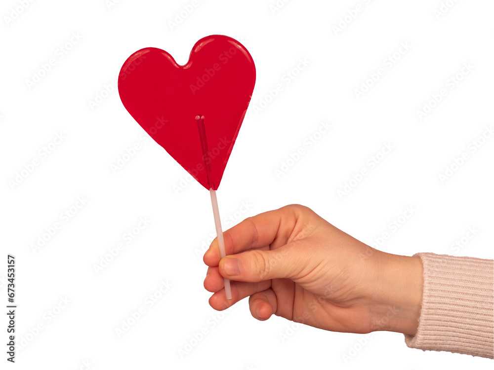 Czerwony lizak w kształcie serca, walentynki, wręczać prezent, ręka  - obrazy, fototapety, plakaty 