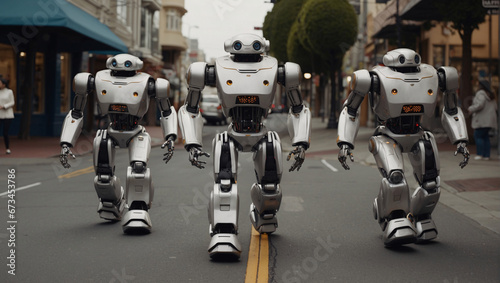 Artificial intelligence in cyborg models allowed them to become similar to humans. Now they walk freely along busy city streets. Nano robots similar to people walk through the city's busy streets