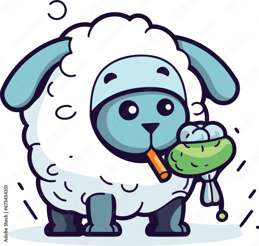 Obraz premium Cartoon sheep with an ice cream. Vector illustration in cartoon style.