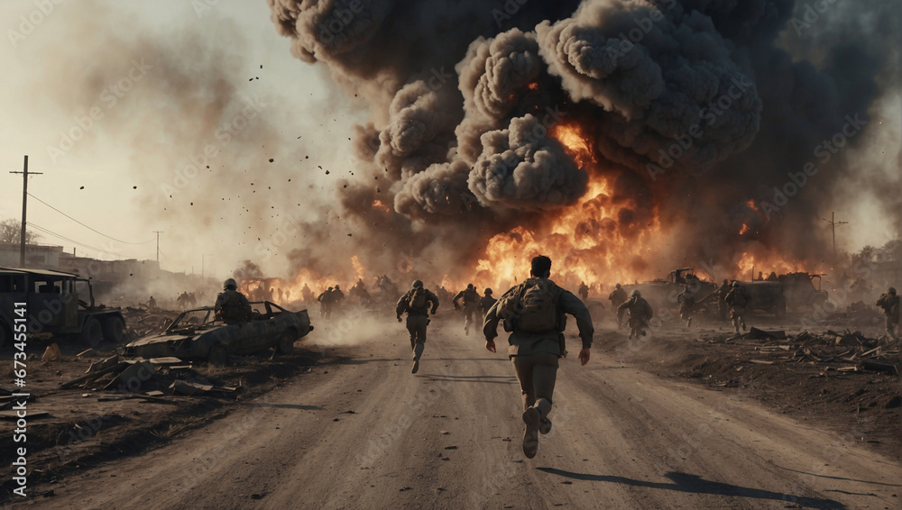 Fototapeta premium In a situation of an apocalypse, people are saved by running from the epicenter of explosions and destruction caused by the outbreak of hostilities. They also strive to save their loved ones