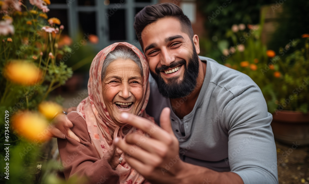 Fototapeta premium Pakistani Grandson and Grandmother Share a Joyful Selfie Moment in Garden