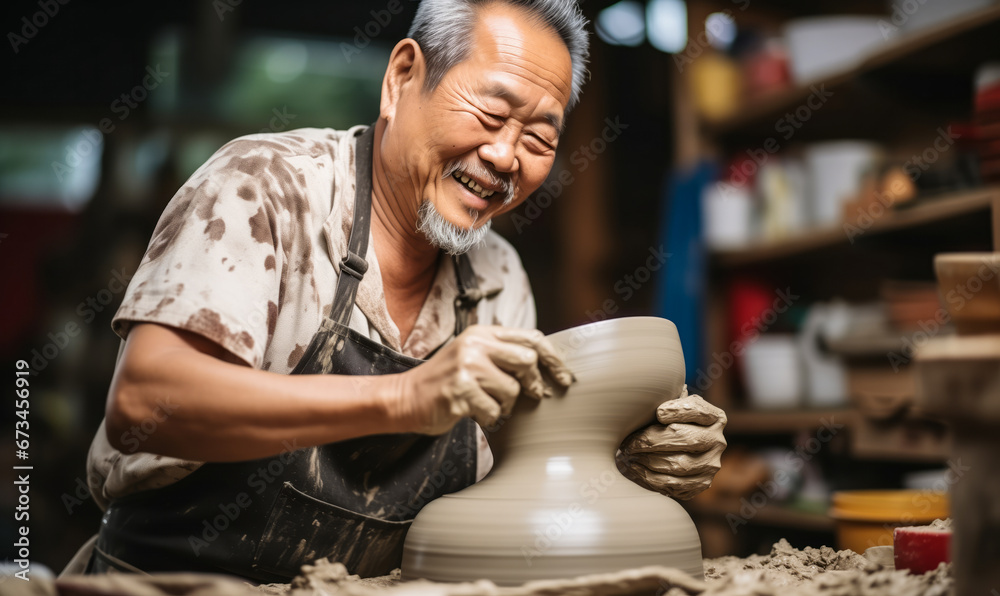 Elderly Asian Man in the Zone: Crafting Pottery in His Studio Elderly Asian Man in the Zone: Crafting Pottery in His Studio
