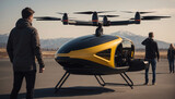 Air taxi of the future and urban air mobility. Unmanned passenger drone. Electric vertical takeoff and landing (eVTOL). Urban Air Mobility concept in action