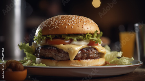 Burger with cheese lettuce on a plate  with cucumber  tasty