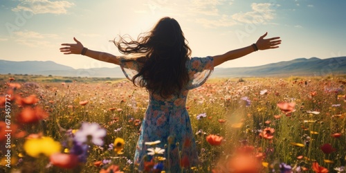 A black haired woman stands in a field of flowers and spreads her arms, rearview, mountains, spring, summer photo