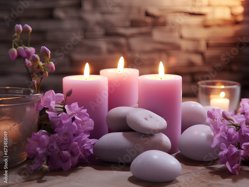 Massage room  cozy atmosphere  candles  stones for stone therapy - Generative AI