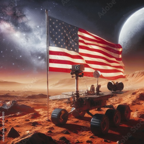 NASA Curiosity Rover on Mars Red Planet Moon USA Flag on Mars Futuristic Space Exploration on planet mars colonization Terraforming concept Mars Mission Spirit, Opportunity, Curiosity, Perseverance  photo