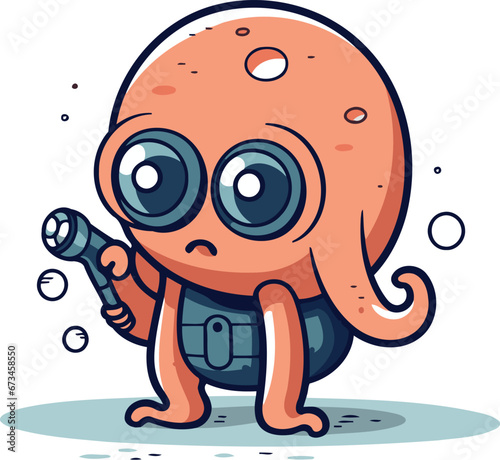 Cartoon octopus with a bottle of beer. Vector illustration.