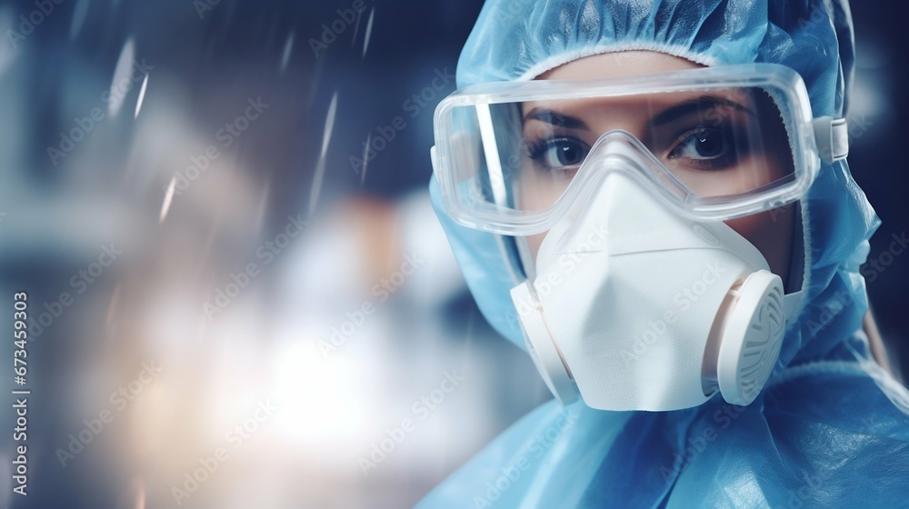 Vigilant Protection: Close-Up of Woman in PPE and Face Mask Against Covid. Generative ai Vigilant Protection: Close-Up of Woman in PPE and Face Mask Against Covid. Generative ai