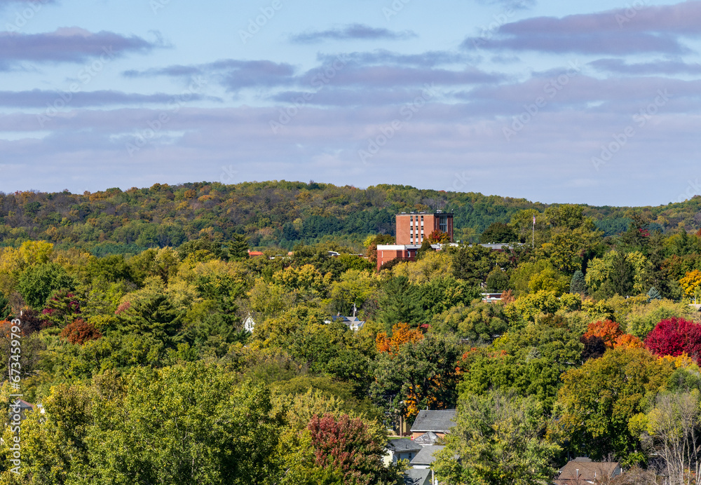 Buildings of the liberal arts university of Luther College in Decorah, Iowa among fall colors