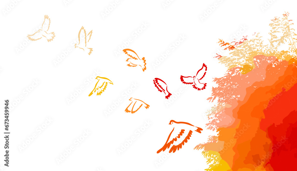 Autumn, Migratory birds and tree. hand drawing. Not AI, Vector illustration