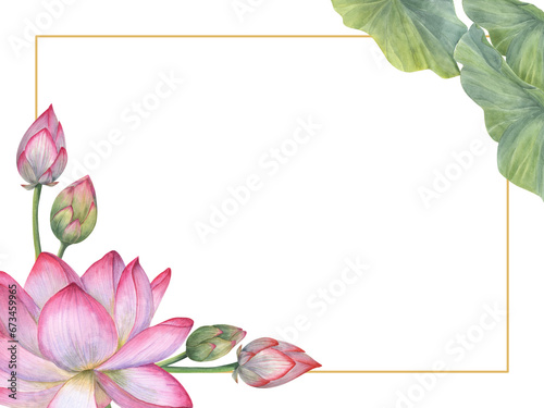 Frame of Indian sacred lotus flower, buds, leaves. Water lily, Indian lotus, green leaf, bud. Horizontal frame. Space for text. Watercolor illustration for greetings, invitation, postcards.