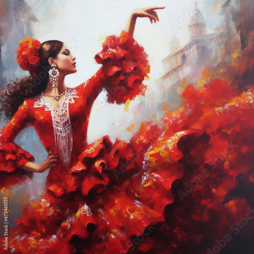 Oil painting artistic image of spanish woman dances passionate flamenco. Generative AI. photo