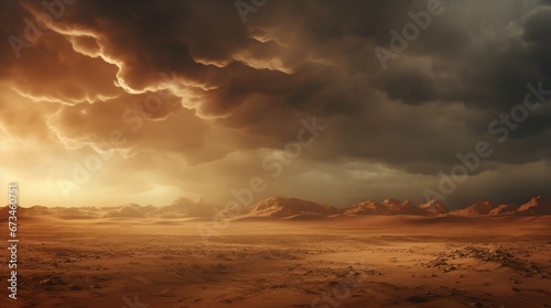 Tempest Above: Stormy Sky Brooding Over Desert Landscape. Generative ai