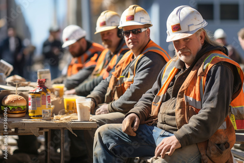 Construction workers eating lunch on a construction site during their lunch break. Eat fast food. photo