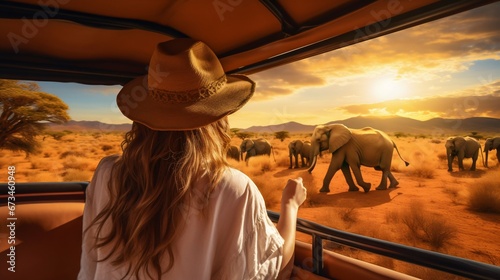 Safari Adventure: Woman and Tourist Vehicle Observing Elephants in the Savanna. Generative ai photo