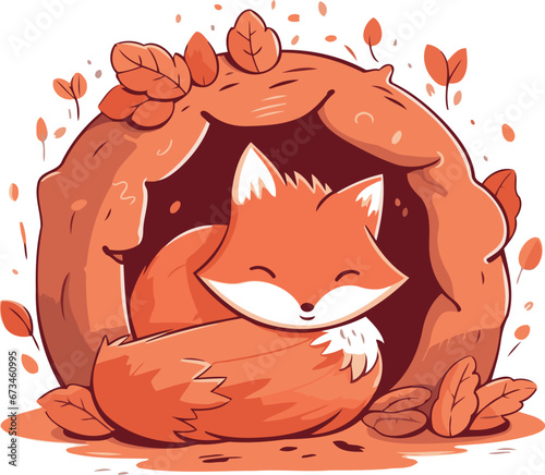 Cute cartoon fox in a hole with leaves. Vector illustration.