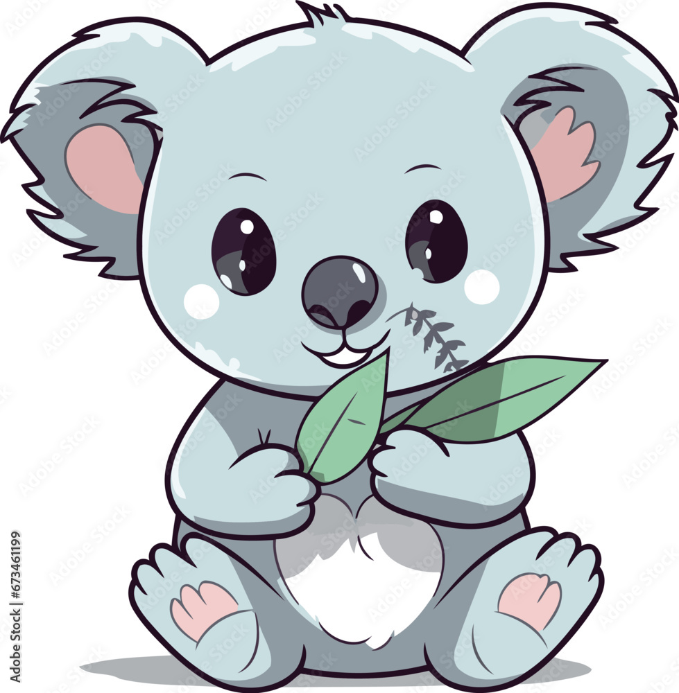 Cute cartoon koala sitting and holding a leaf. Vector illustration. Cute cartoon koala sitting and holding a leaf. Vector illustration.