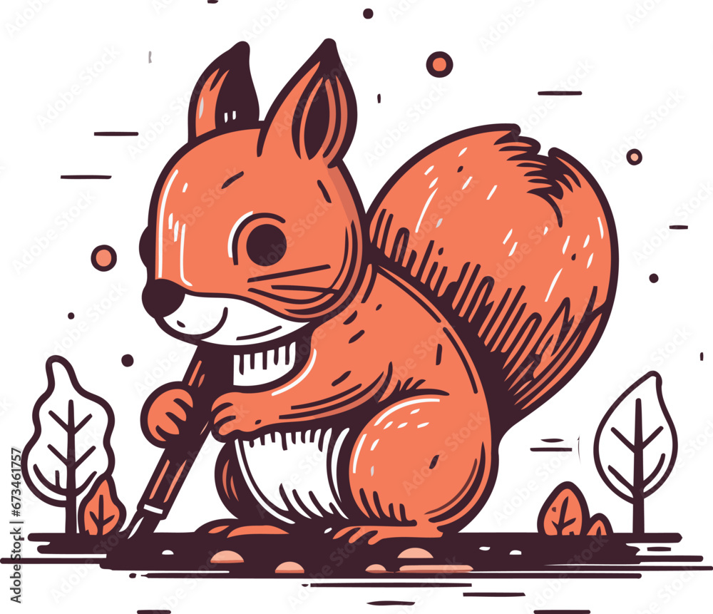 Obraz premium Squirrel in the forest. Hand drawn vector illustration in cartoon style.