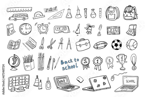 Big set of school icons. Back to school. Doodle style. Good for banner, posters, cards, stickers, professional design. Hand drawn