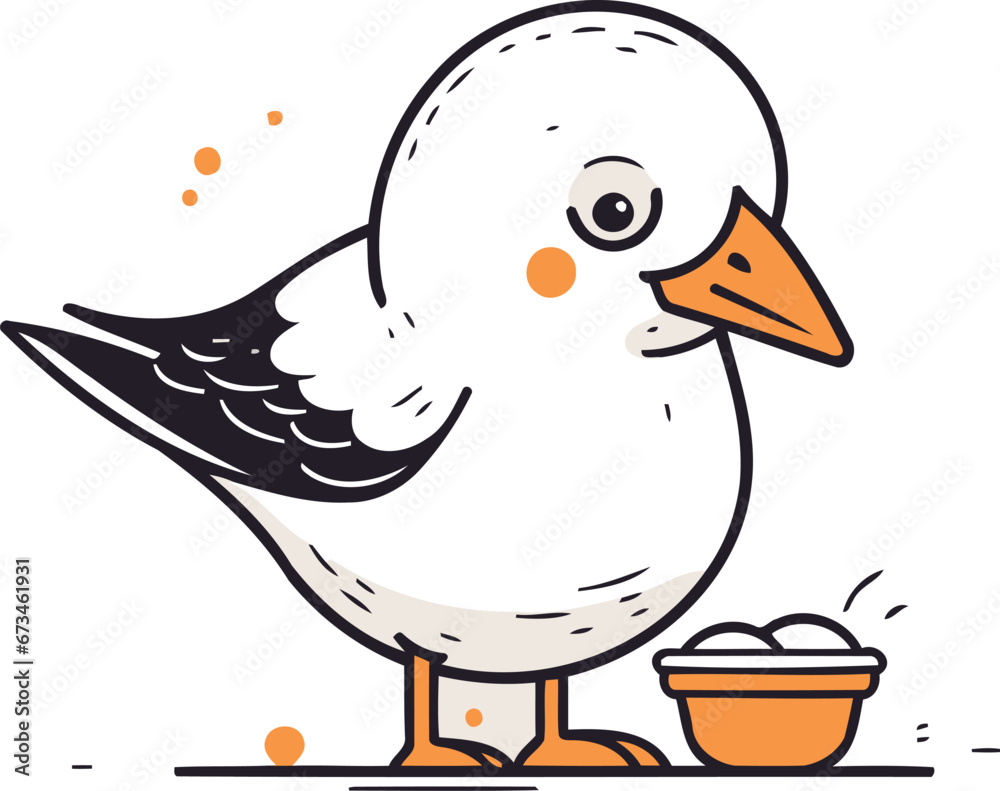 Vector illustration of cute seagull with bowl of soup. Line art style design. Vector illustration of cute seagull with bowl of soup. Line art style design.