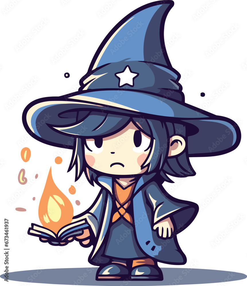 Witch reading a book. Cute cartoon character. Vector illustration.