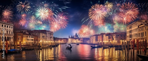 Colourful Fireworks in Venice and Reflection in Water. Festive fireworks over the Canal Grande in Venice