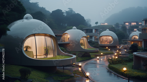 Village with futuristic spherical houses inspired by UFO design, on rainy evening, on a street with glowing streetlights. Innovative residential buildings with lights in windows.