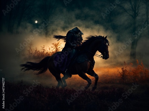 Headless horseman riding a dark horse through a dark forest, AI-generated.