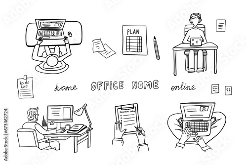 Home office, freelance work, teaching or studying at home. Freelancers working online on laptops, tablets in a cozy atmosphere with books. Self-employed man work in comfortable conditions. Hand drawn