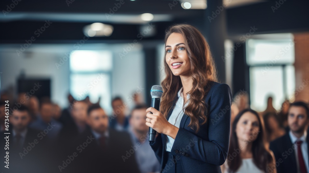 Close up view of woman giving speech at business meeting - obrazy, fototapety, plakaty 