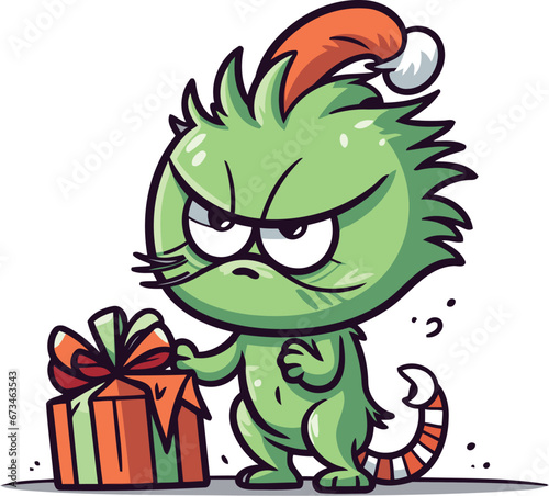 Funny cartoon monster with christmas gift. Vector illustration isolated on white background.