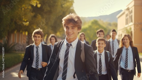 Happu Teenage classmates standing at high school