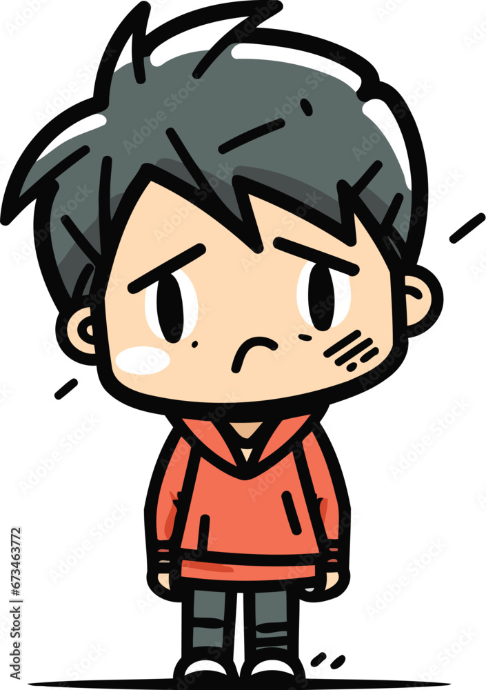 Upset boy cartoon vector illustration. Emotion facial expression.