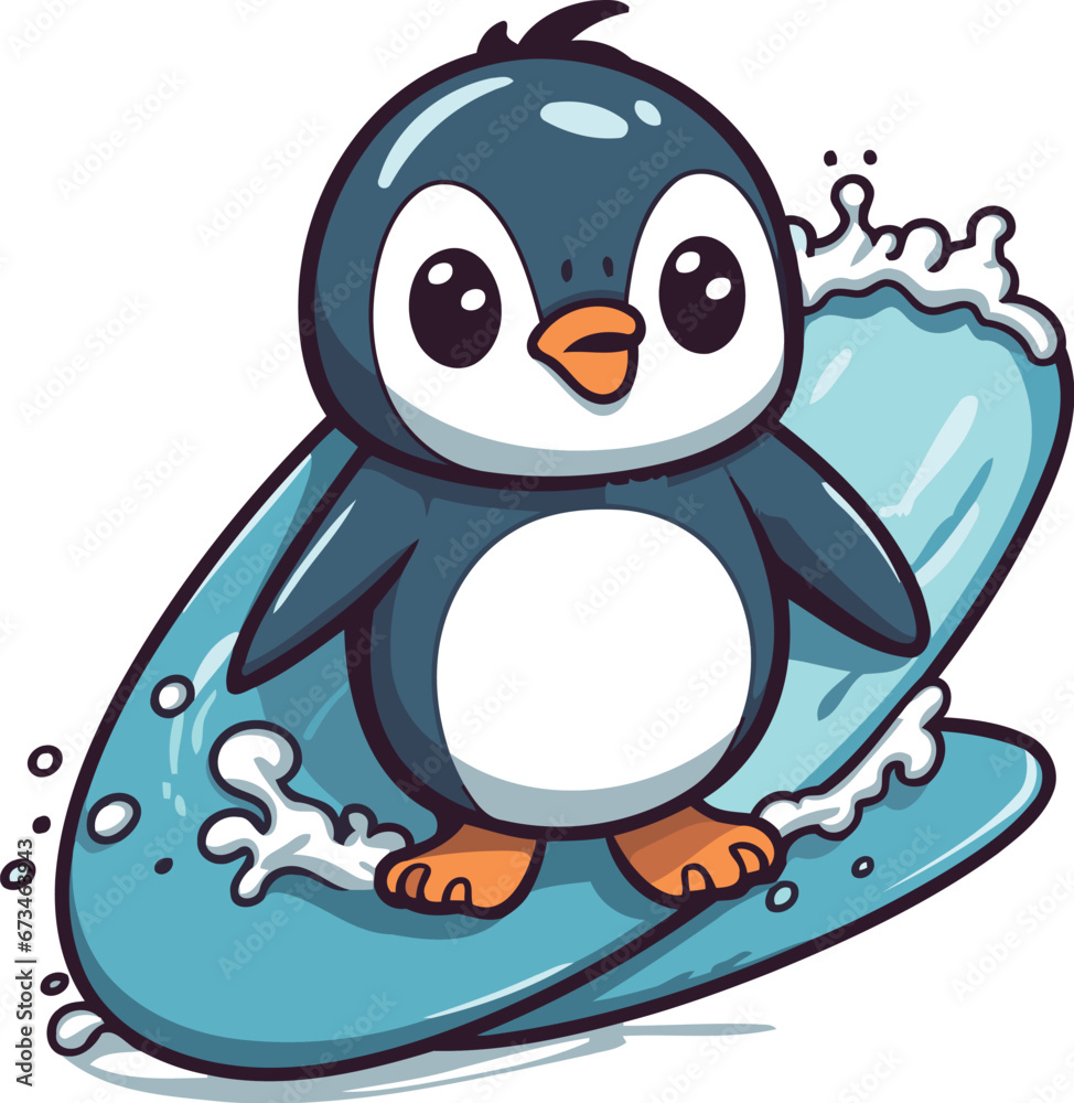 Fototapeta premium Cute penguin surfing on surfboard. Cartoon vector illustration.