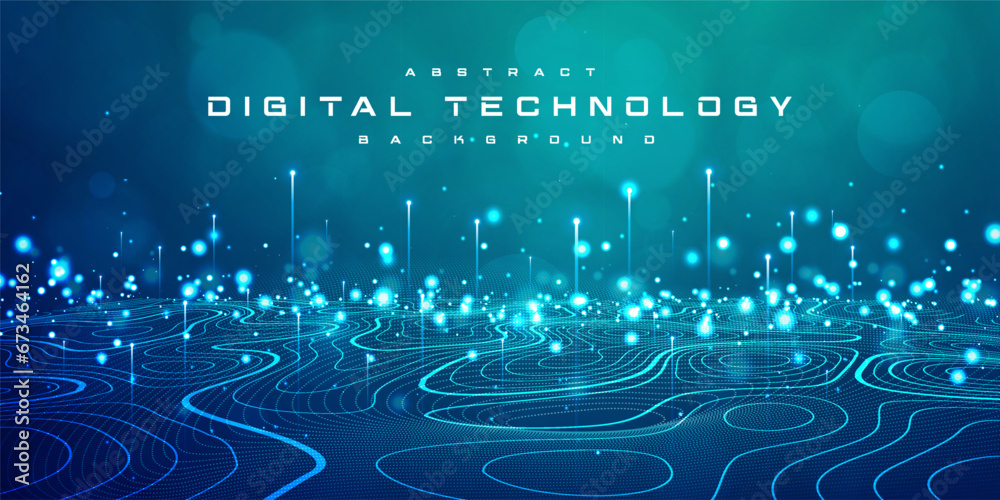 Digital technology speed connect blue green background, cyber nano information, abstract communication, innovation future tech data, internet network connection, Ai big data, line dot illustration 3d - obrazy, fototapety, plakaty 